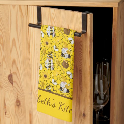 Gnomes Yellow Sunflowers Bees Honey Personalized Kitchen Towel