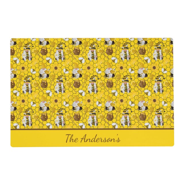 Gnomes Yellow Sunflowers Bees Honey Personalized  Placemat (Front)