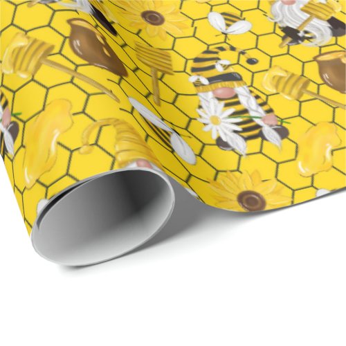Gnomes Yellow Sunflowers Bees Honey Wrapping Paper