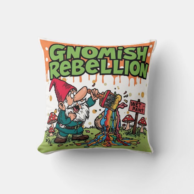 "Gnomish Rebellion" Funny Mischievous Garden Gnome Throw Pillow (Front)