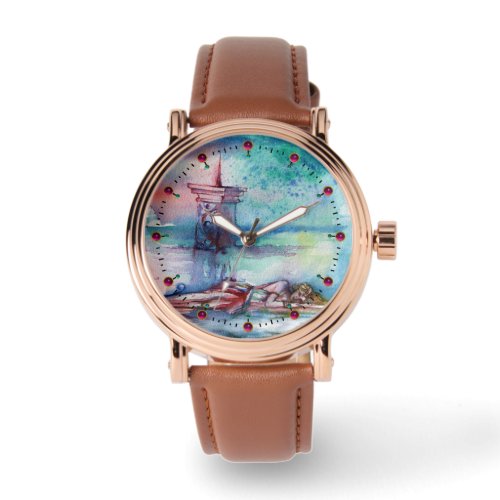 GNOMON AND LADY OF THE LAKE Pink Blue Watercolor  Watch