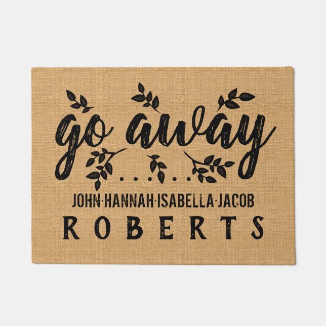 Go Away Funny Burlap Leaf Farmhouse Personalized Doormat (Front)