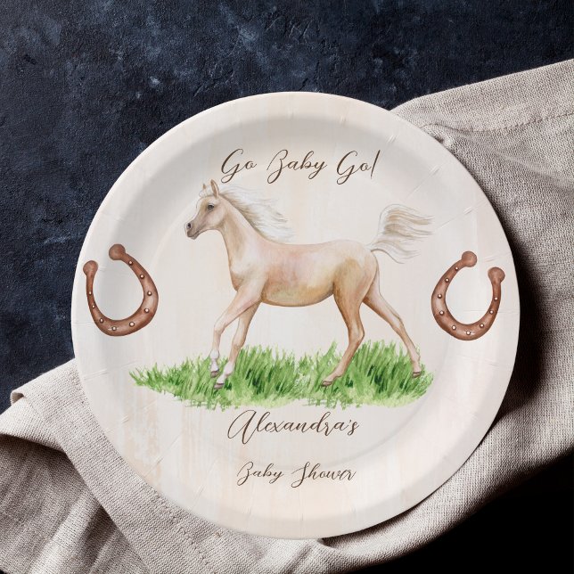Go baby go running beige horse foal baby shower paper plates (Creator Uploaded)