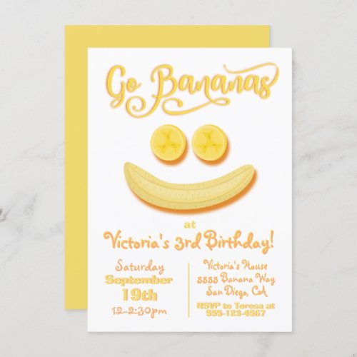 Go Bananas Happy Face Birthday Party Invitation