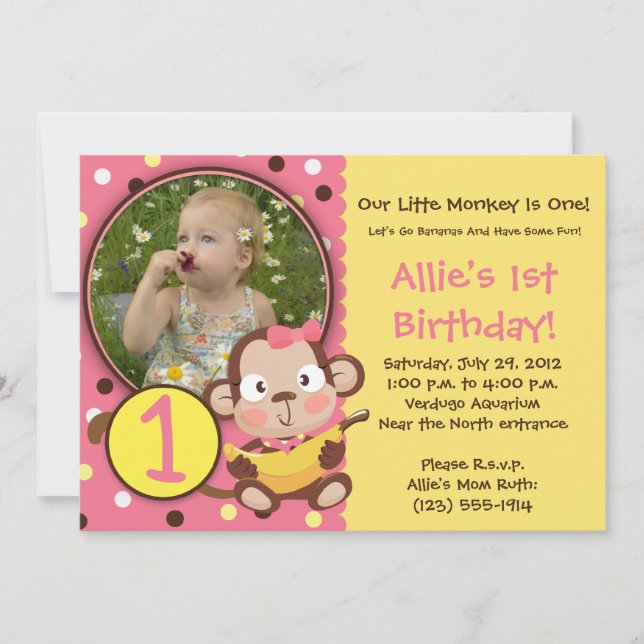 GO BANANAS - Little Monkey Party Invitations GIRL (Front)