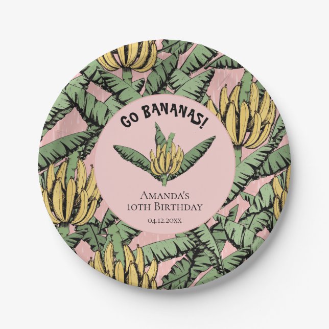 Go Bananas Pink Tropical Yellow Banana and Leaves Paper Plates (Front)