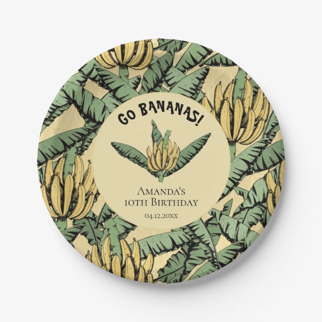 Go Bananas Yellow Tropical Yellow Banana & Leaves Paper Plates (Front)