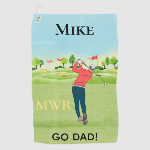 Go Dad Swinging Golfer Greens Monogram Name   Golf Towel