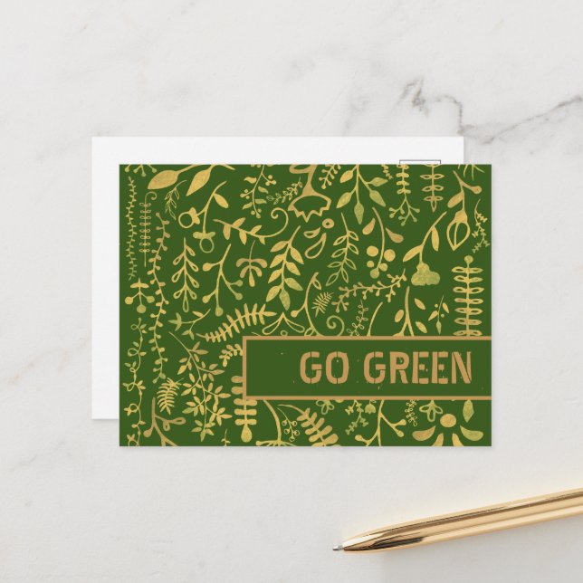 Go Green, Gold Floral Wreath Postcard (Front/Back In Situ)