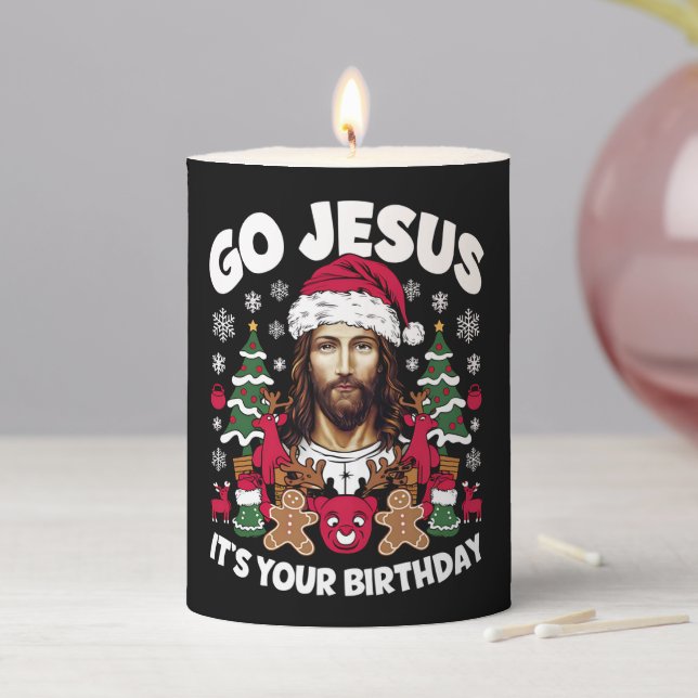 Go Jesus It's Your Birthday Ugly Christmas Sweater Pillar Candle (In Situ)