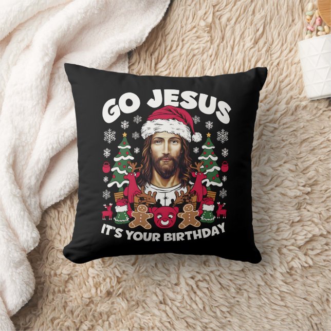 Go Jesus It's Your Birthday Ugly Christmas Sweater Throw Pillow (Blanket)