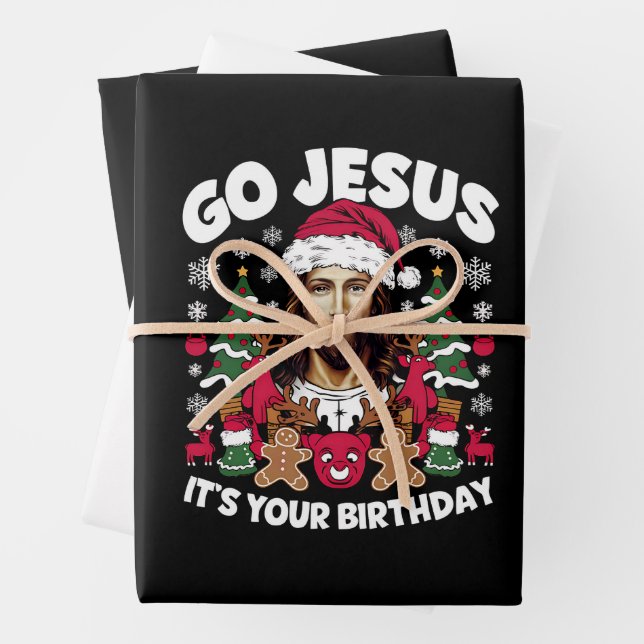 Go Jesus It's Your Birthday Ugly Christmas Sweater Wrapping Paper Sheets (In situ)