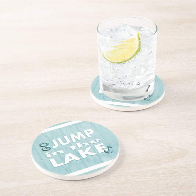 Go Jump in the Lake Thirsty Drink Coaster in Blue (Side)