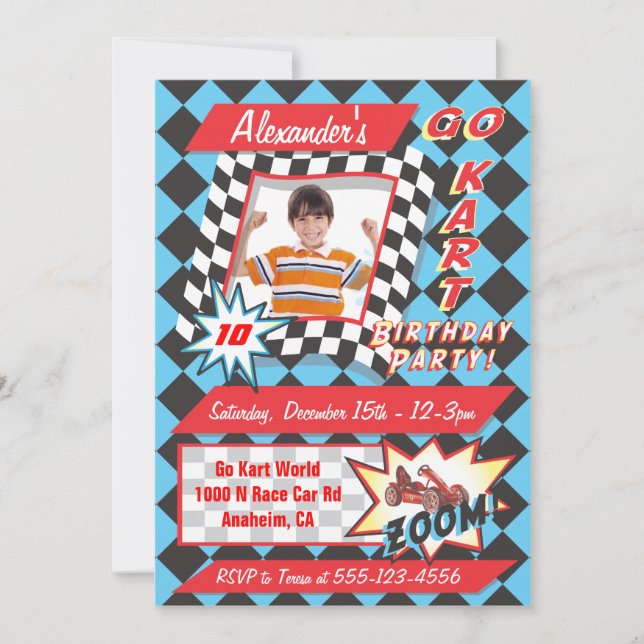 Go Kart Birthday Party Photo Insert Invitations (Front)