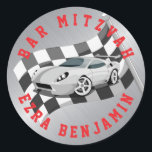 Go-kart Car Racing Bar Mitzvah Classic Round Sticker<br><div class="desc">Go-kart or car racing themed Bar Mitzvah sticker with a metal look background. This race card Bar Mitzvah sticker or envelope seal features a grey race car with black and white checkered racing flag. The colors on this race car themed Bar Mitzvah design are red, black, grey, and white. Your...</div>