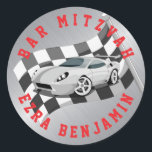 Go-kart Car Racing Bar Mitzvah Classic Round Sticker<br><div class="desc">Go-kart or car racing themed Bar Mitzvah sticker with a metal look background. This race card Bar Mitzvah sticker or envelope seal features a grey race car with black and white checkered racing flag. The colors on this race car themed Bar Mitzvah design are red, black, grey, and white. Your...</div>