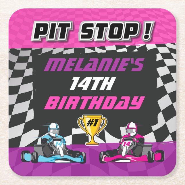 Go Kart Checkered Flag Girls Birthday Square Paper Coaster (Front)