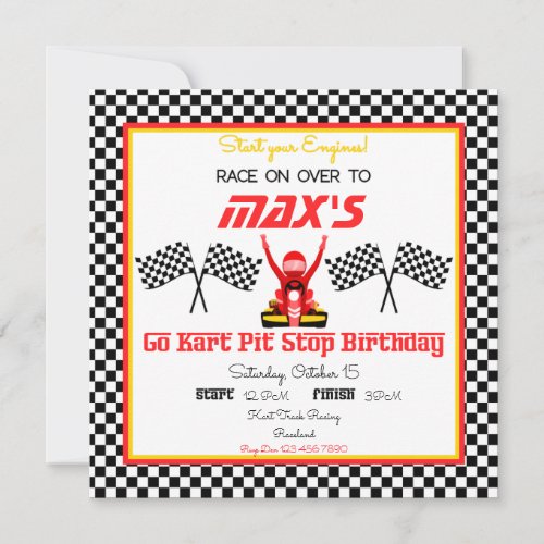 Go Kart Racers in Red Black and Yellow with Flags Invitation
