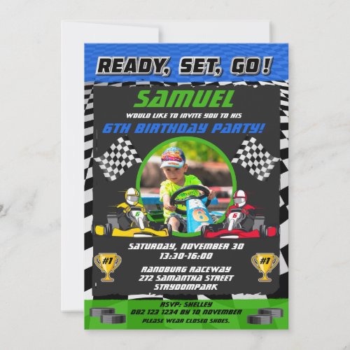 Go Kart Racing Car Boy  Girl Photo Birthday Party Invitation