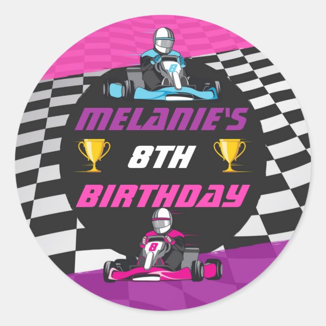 Go Kart Racing Car Girls Birthday Party Classic Round Sticker (Front)