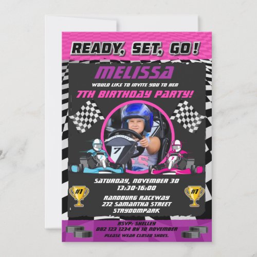 Go Kart Racing Car Girls Photo Birthday Party Invitation