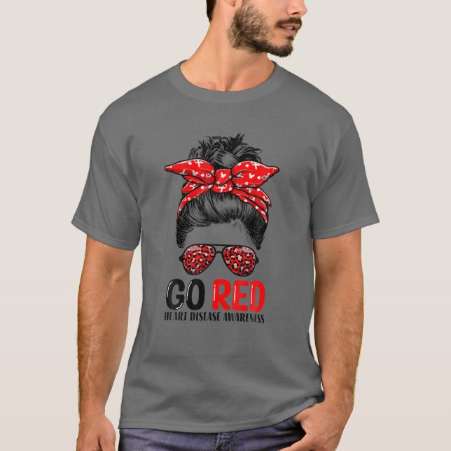 Go Red Messy Bun Women In February - Heart Disease T-Shirt (Front)