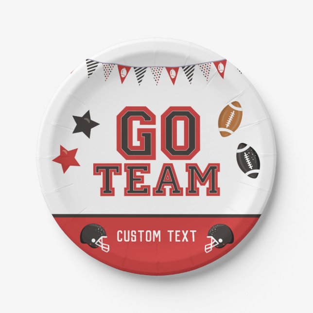 Go Team Football Fan Red and Black Festive Sports Paper Plates (Front)