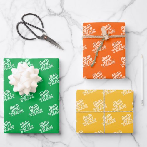 Go Team Word Art in Green Orange and Yellow Wrapping Paper Sheets