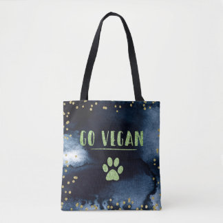 Go Vegan Animal Paw Watercolor Ink Gold Typography Tote Bag