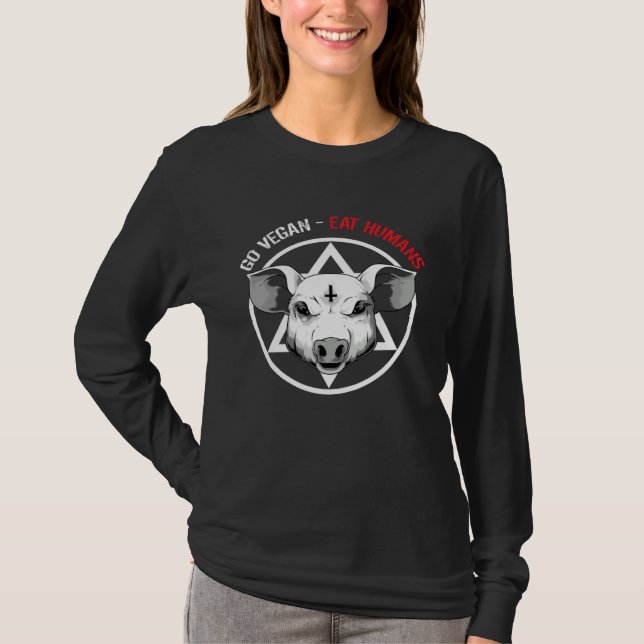 Go Vegan Eat Humans  Satanic Vegan Pig T-Shirt (Front)