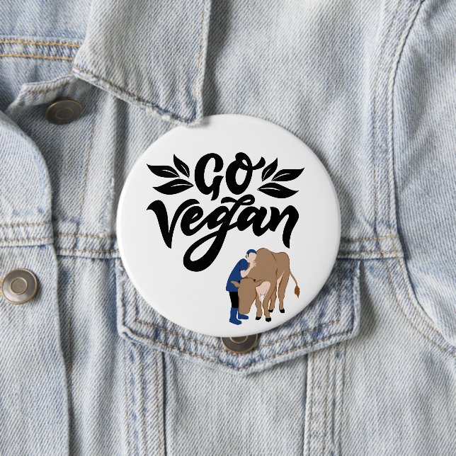 Go Vegan Person Hugging Cow, Animal Lover Button (In Situ)