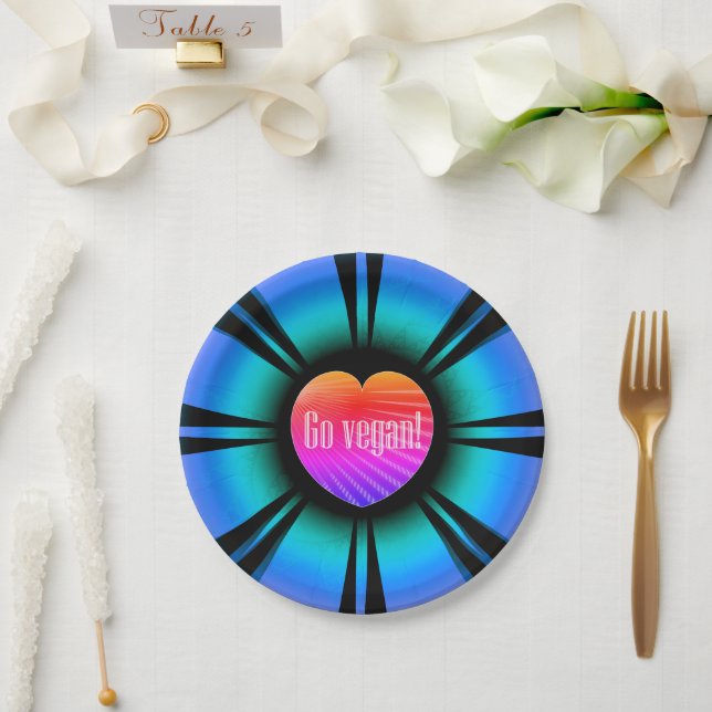 Go Vegan - Pink Heart Pupil And Blue Iris  Paper Plates (Wedding)