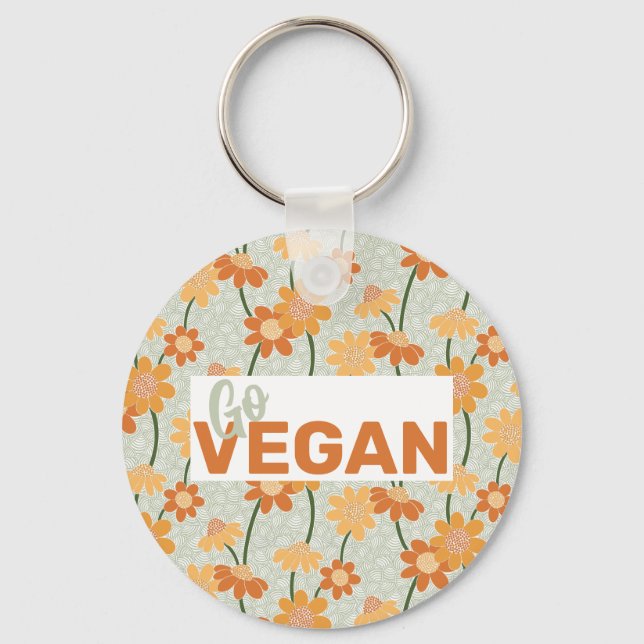 Go Vegan! Pretty retro muted 1970s flowers Keychain (Front)
