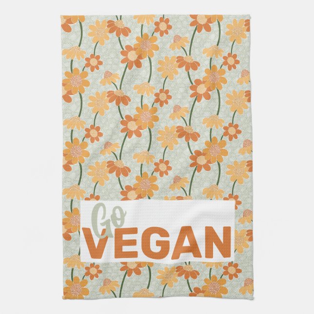 Go vegan! Pretty retro muted 1970s flowers Kitchen Towel (Vertical)