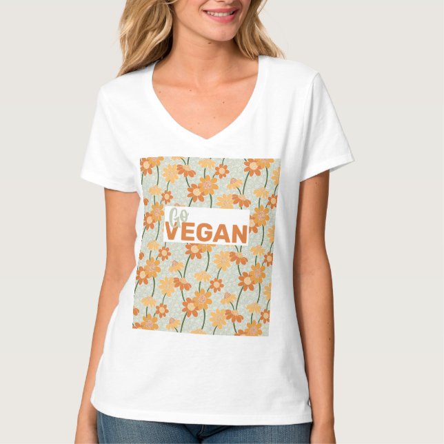 Go Vegan! Pretty retro muted 1970s flowers T-Shirt (Front)