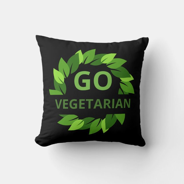 Go Vegetarian, Vegan, Veganism Green Leaves Black Throw Pillow (Front)