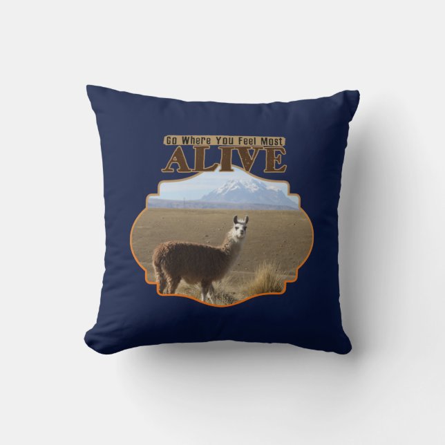 Go Where You Feel Most Alive Llama Adventurer Throw Pillow (Front)