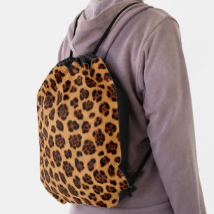 Go Wild Leopard Print Gold Tan Orange Fur Look Drawstring Bag