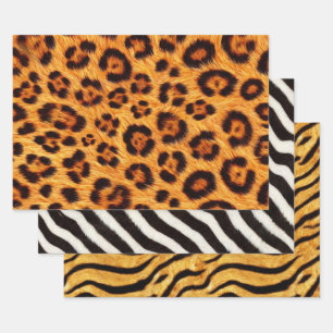 Go Wild Leopard Zebra Tiger Faux Fur Exotic Animal Wrapping Paper Sheets