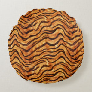 Go Wild Wavy Tiger Stripes Orange Dark Brown Round Pillow