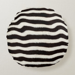 Go Wild Zebra Stripe Black White Faux Fur Look Round Pillow