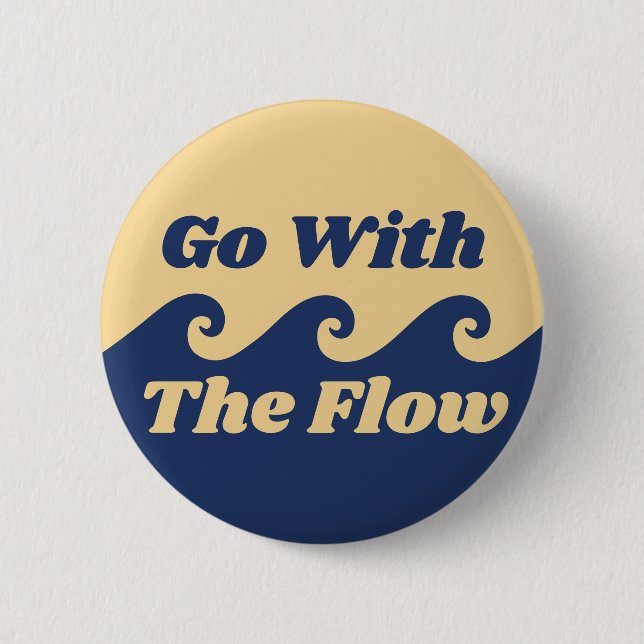 Go With The Flow Blue Yellow Beach Wave Retro Button (Front)