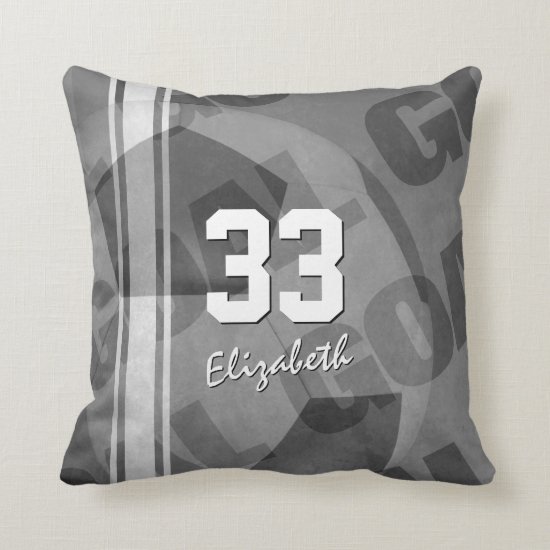 Goal black gray white personalized women's soccer throw pillow