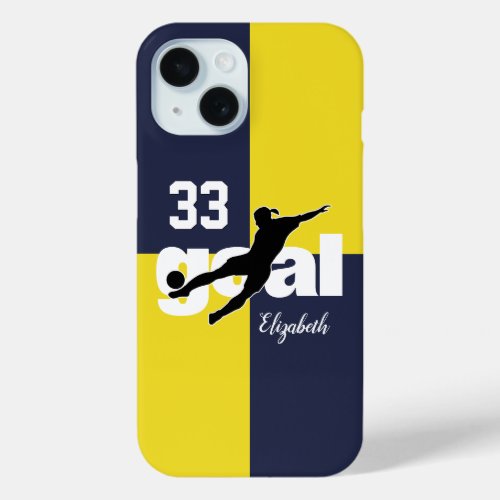 Goal blue gold personalized girls soccer iPhone 15 case