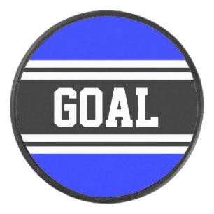 GOAL Bold Royal Blue Black White Racing Stripes  Hockey Puck