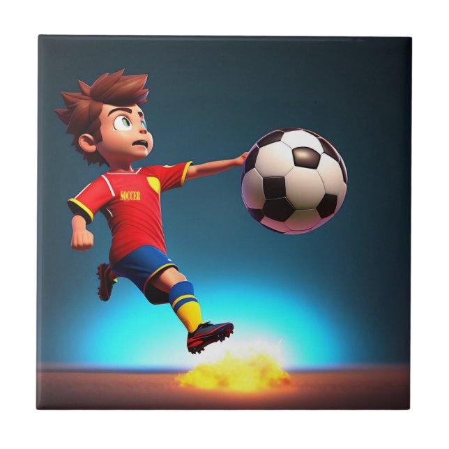 "Goal Bound: The Animated Boy's Perfect Kick" Ceramic Tile (Front)