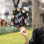 Goal Digger | Custom Class Year Graduation Cap Topper<br><div class="desc">Cute grad cap topper features "goal digger" in white brush script lettering on a black background adorned with pink watercolor flowers and green foliage. Personalize with your class year.</div>