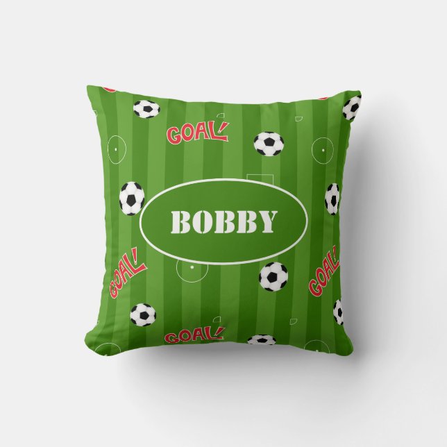 Goal Fun Cartoon Soccer Player Football Field Throw Pillow (Front)