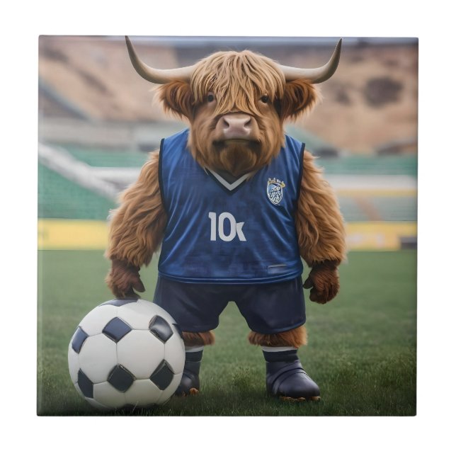 "Goal-Getter: A Highland Cow Dressed for Soccer"  Ceramic Tile (Front)