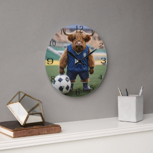 "Goal-Getter: A Highland Cow Dressed for Soccer" Large Clock